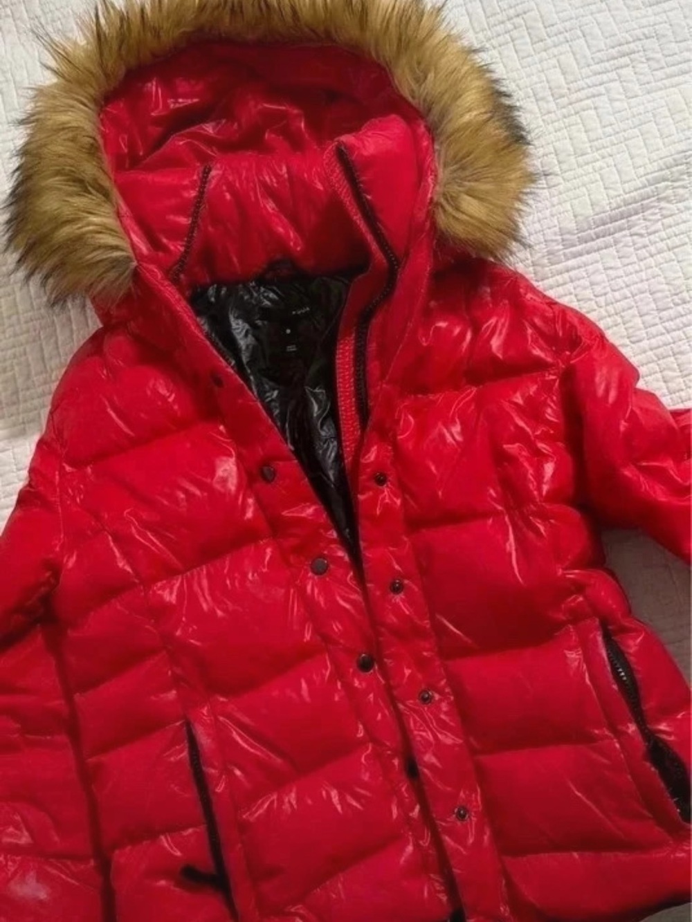Aqua Red Puffer Jacket with Faux Fur Hood Trim